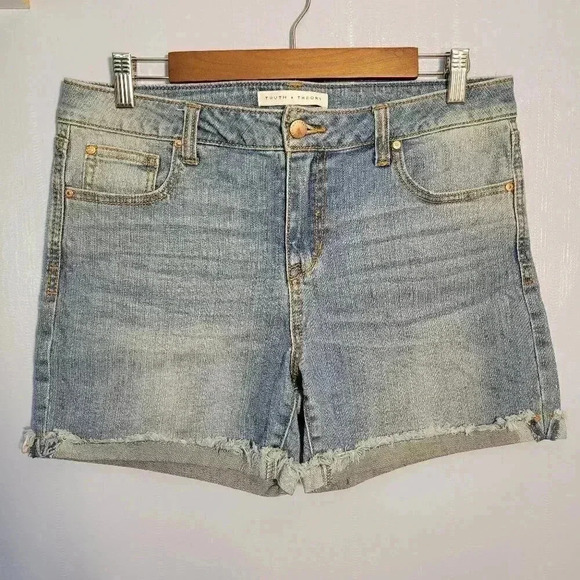 Truth + Theory Size 10 Classic Roll Raw Hem Light Denim Blue Jean Shorts - Picture 1 of 10